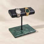 Green marble wide pillow watch stand with two watches