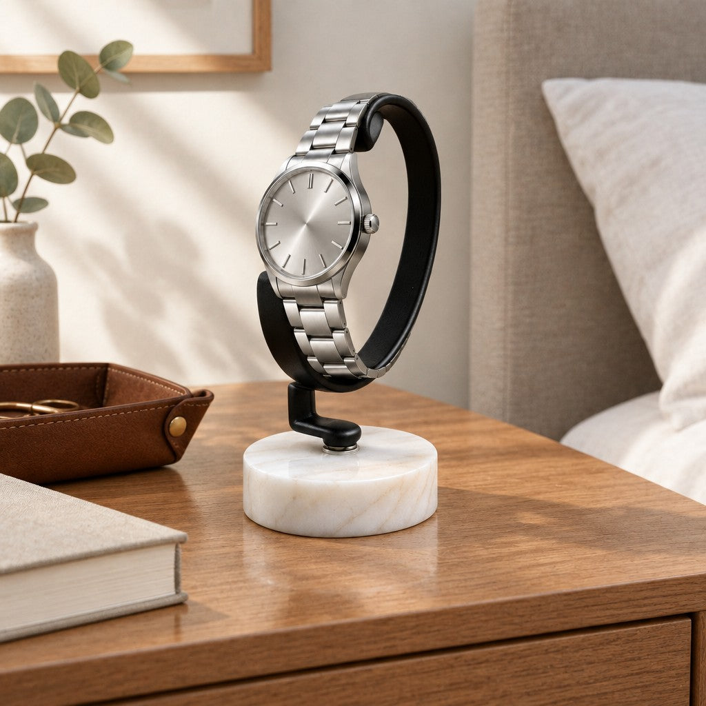 Marble Base C-Ring Watch Stand on a chest of drawers, for scale
