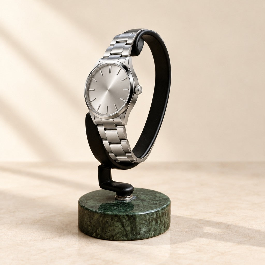 C-ring watch stand on a green marble base