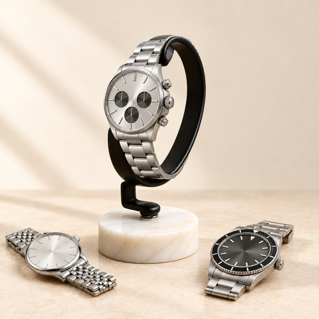 Marble Base C-Ring Watch Stand with watches of different sizes