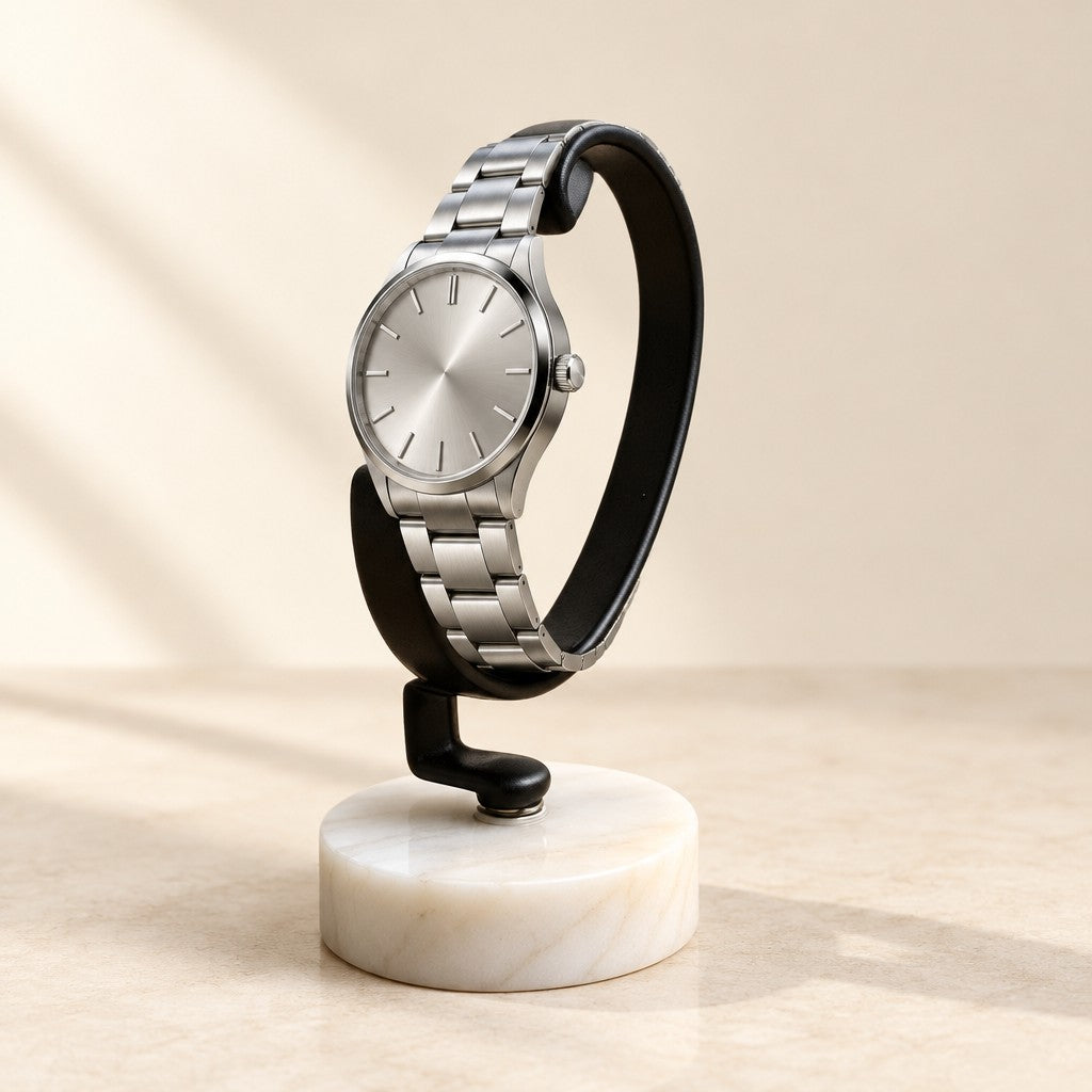 C-ring watch stand on a white marble base