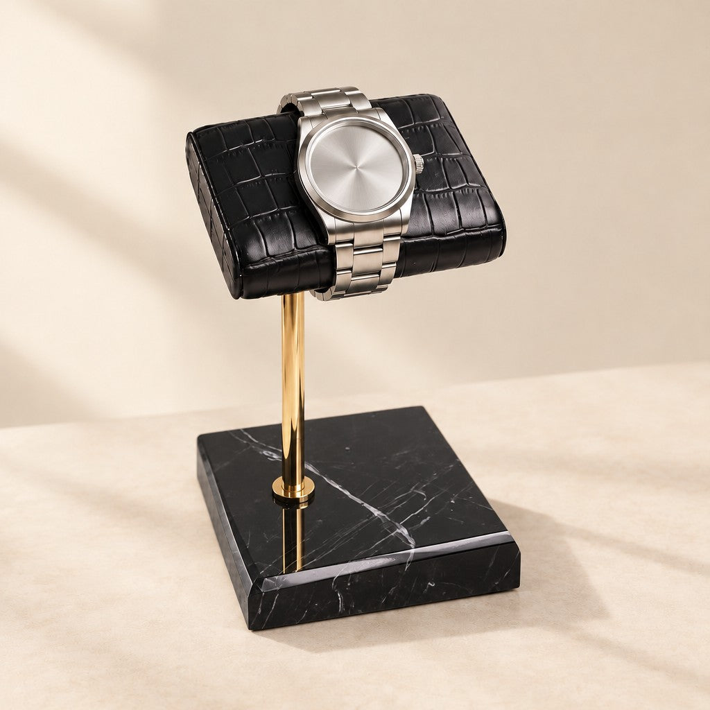 Croc-texture pillow watch stand, black marble and gold stem