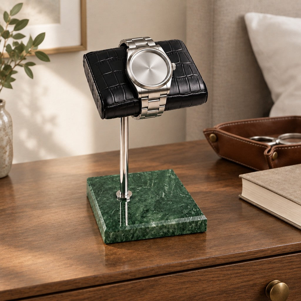Marble Watch Stand with Croc-Texture Pillow on a chest of drawers, for scale