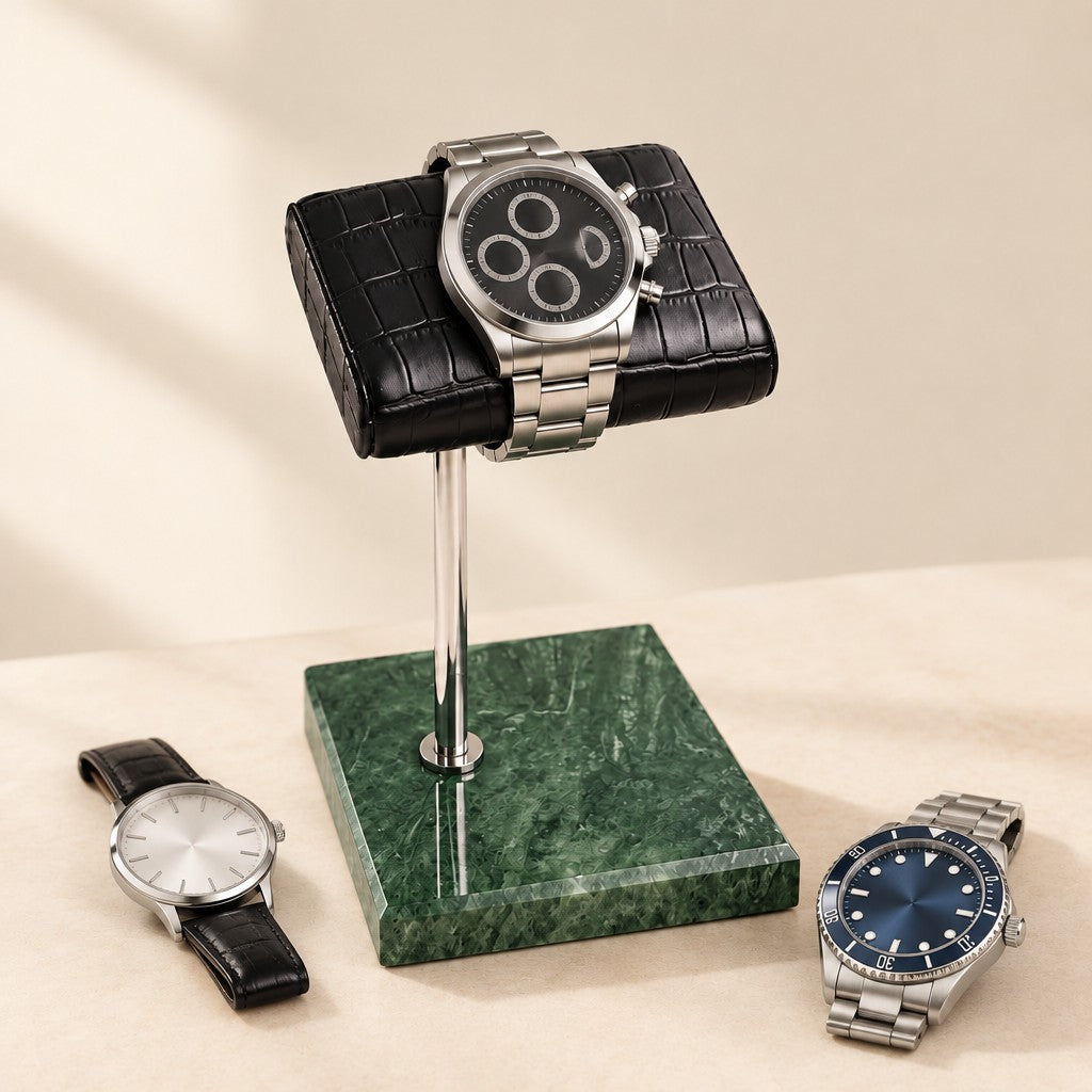 Marble Watch Stand with Croc-Texture Pillow with watches of different sizes
