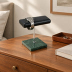 Marble Base Double Watch Stand with Gold or Silver Stem on a chest of drawers, for scale