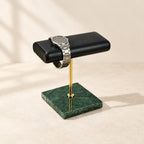 Marble double watch stand, green marble and gold stem