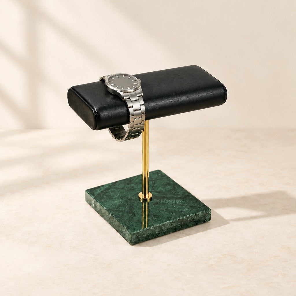 Marble double watch stand, green marble and gold stem