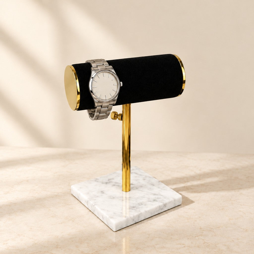 Marble base T-bar watch stand with a black bar