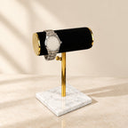 Marble base T-bar watch stand with a black bar