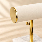 Close-up of the marble base t-bar watch stand for 2 watches materials and finish