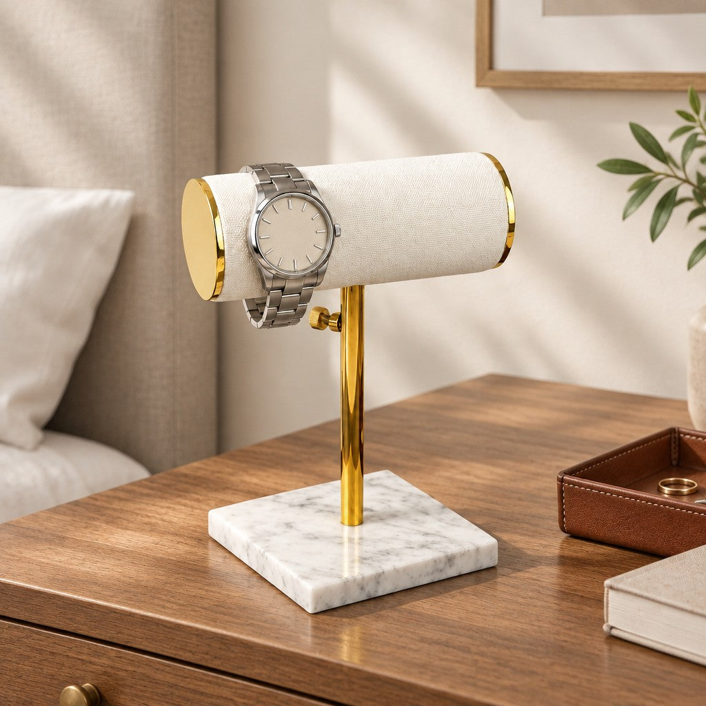 Marble Base T-Bar Watch Stand for 2 Watches on a chest of drawers, for scale