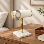 Marble Base T-Bar Watch Stand for 2 Watches on a chest of drawers, for scale