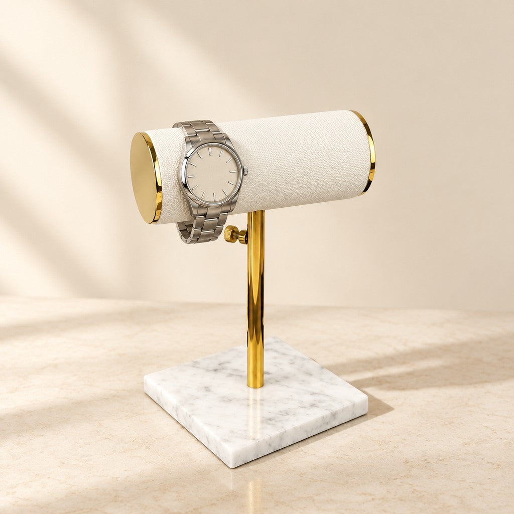 Marble base T-bar watch stand with a white bar