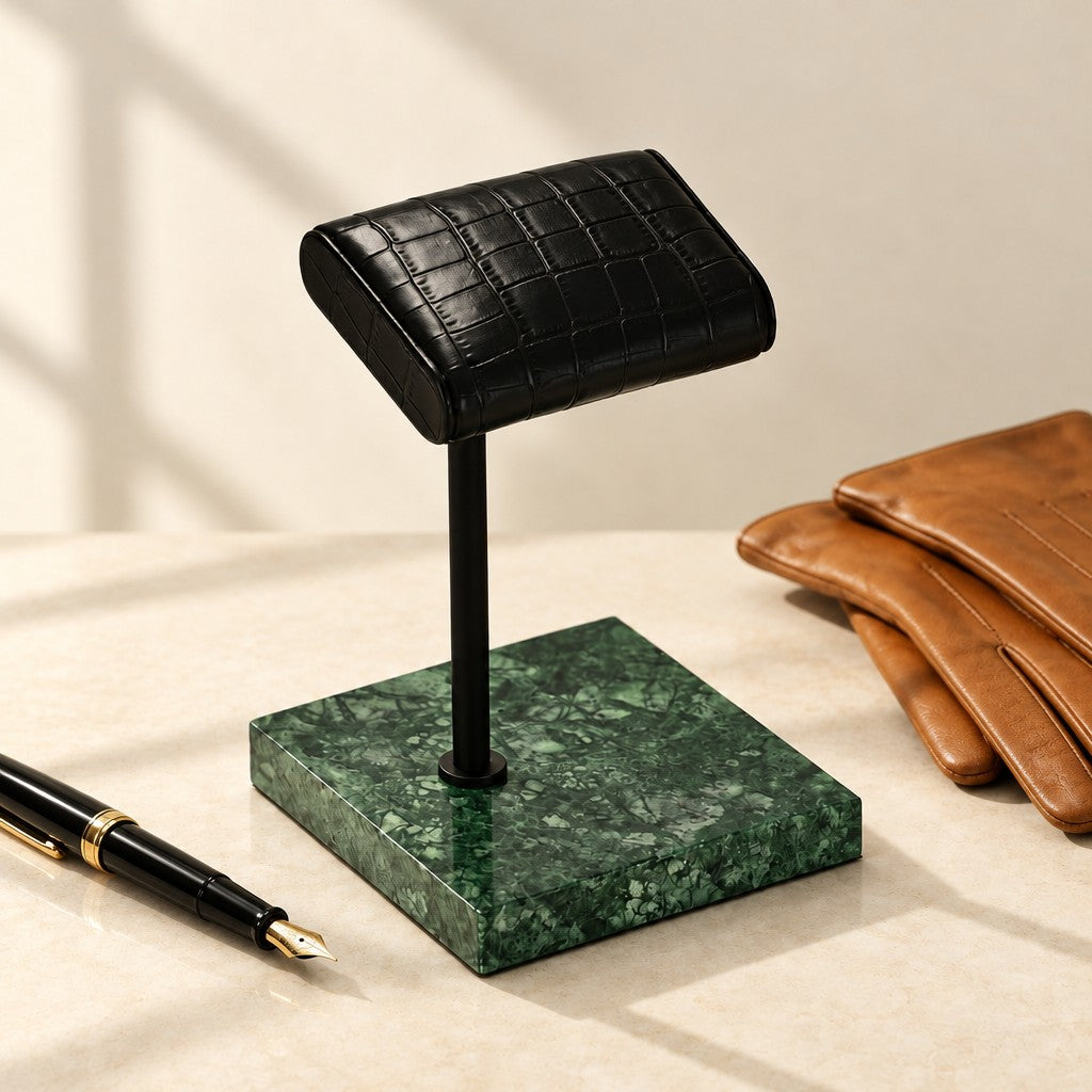 Luxury Marble Watch Display Stand, Single or Double beside a fountain pen and leather gloves