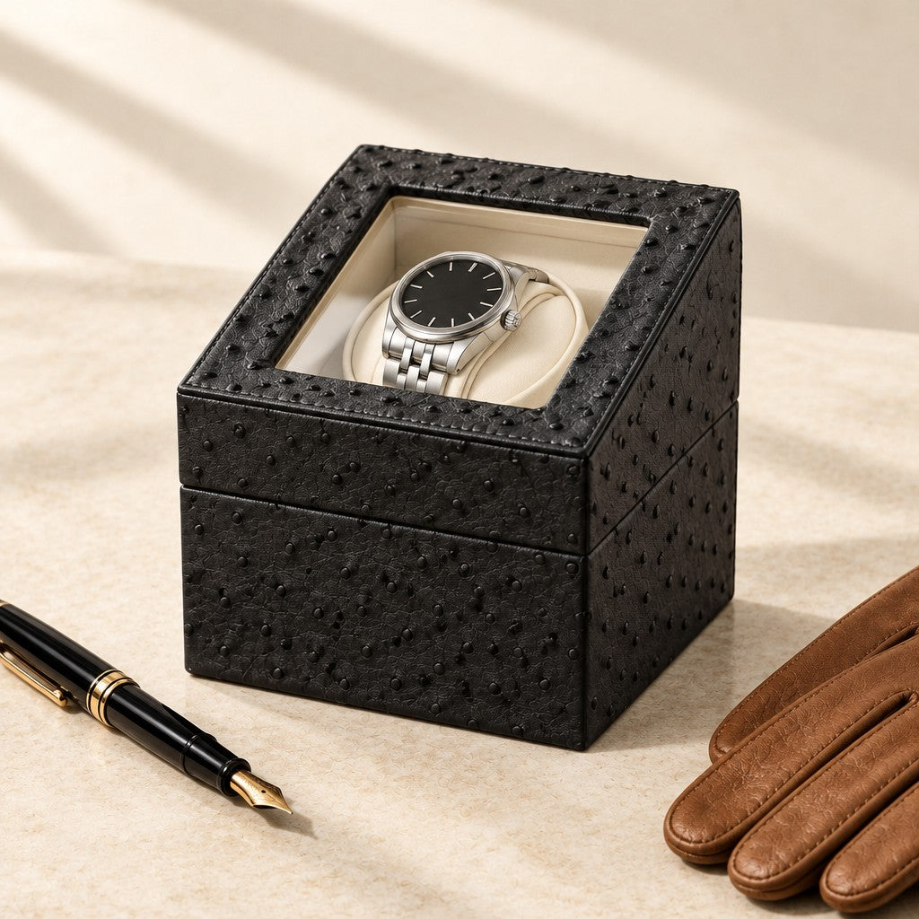 Mini watch winder beside a fountain pen and leather gloves