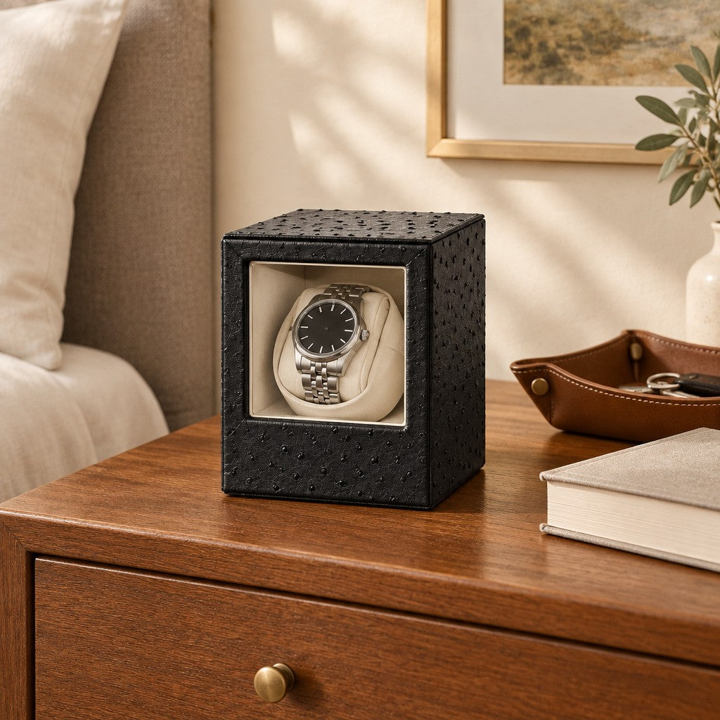 Mini single watch winder on a wooden chest of drawers