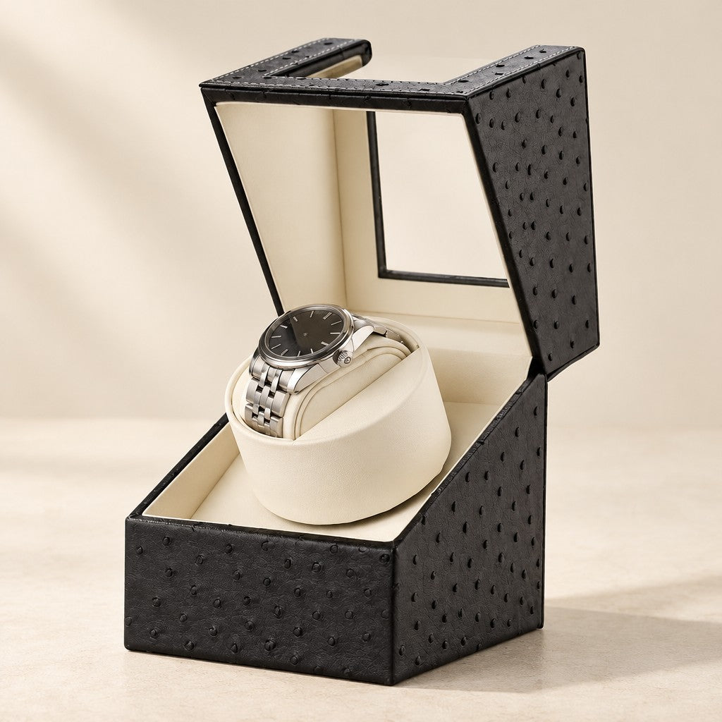 Black ostrich-texture mini watch winder, lid open, white interior