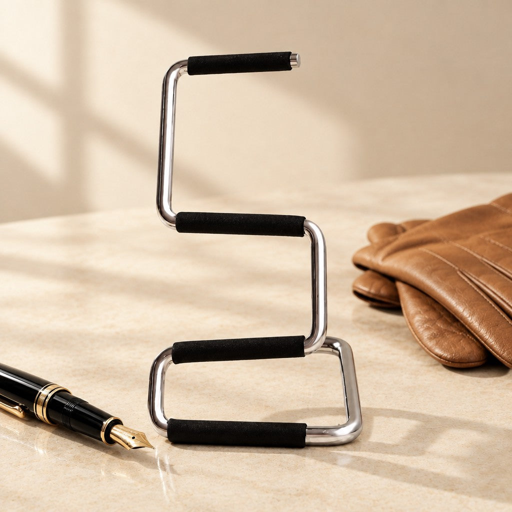 Bent-metal watch stand beside a fountain pen and leather gloves