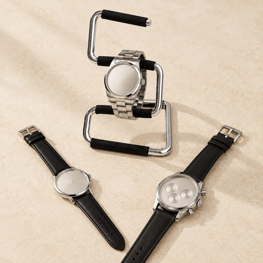 Bent-metal stand with a 42 mm watch, a 36 mm and a 45 mm watch beside it