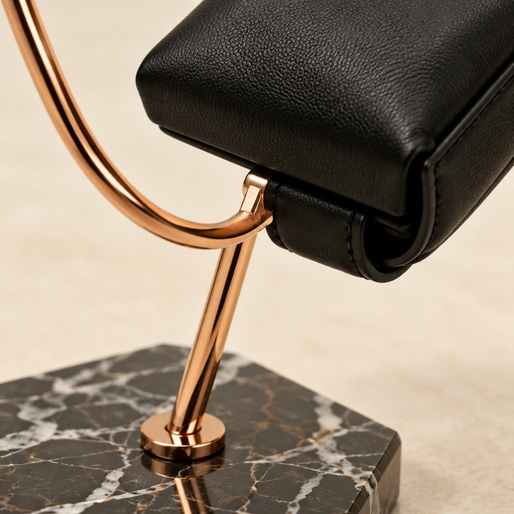 Close-up of the leather cushion and the curved metal hook