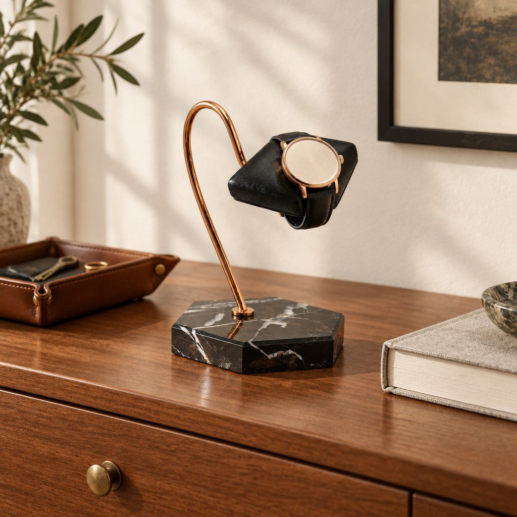 Marble hook watch stand on a chest of drawers, for scale