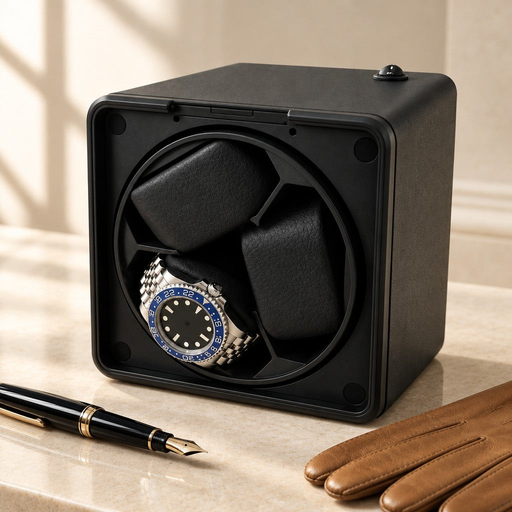 Open 3-watch winder beside a fountain pen and leather gloves