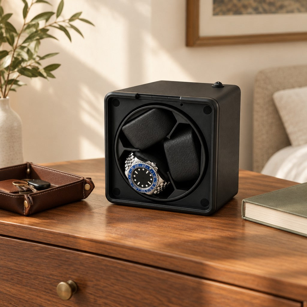 Open-front 3-watch winder on a wooden chest of drawers
