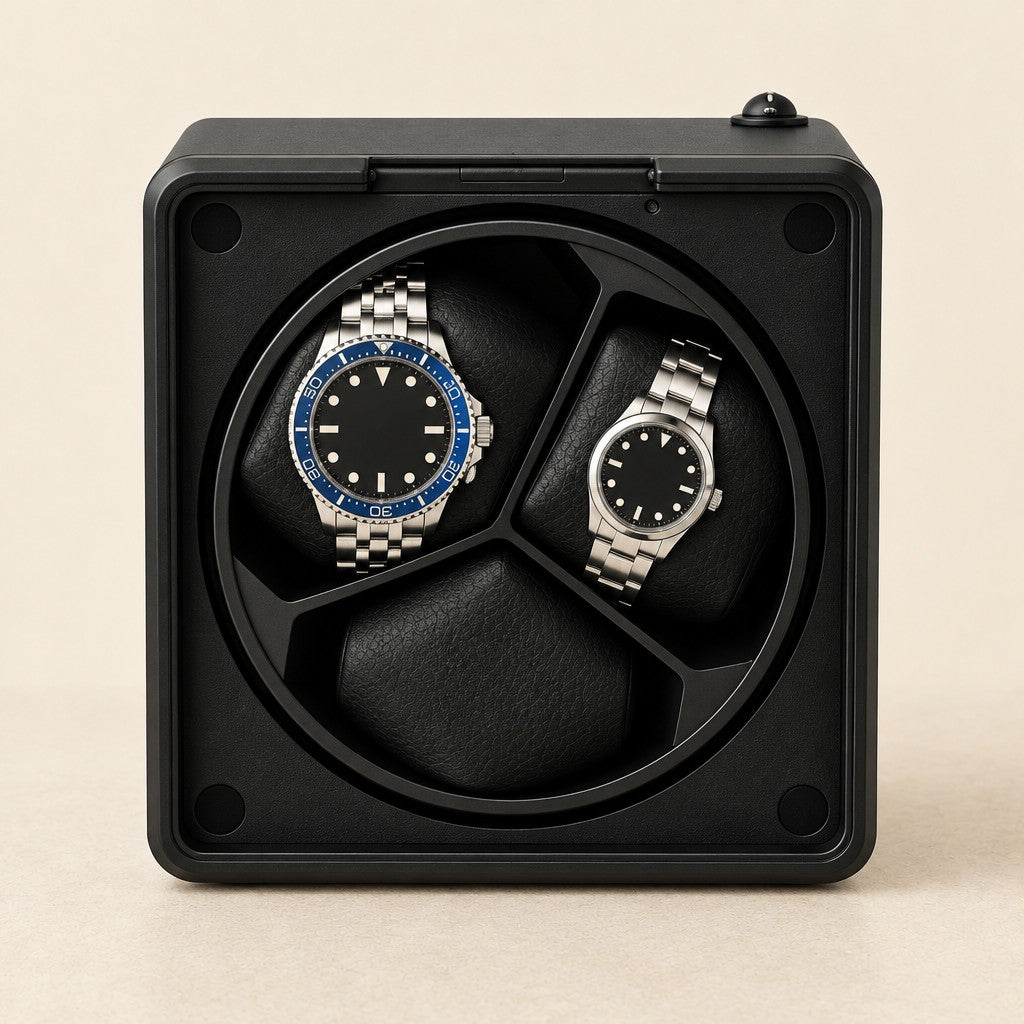 Front view of the open 3-watch winder