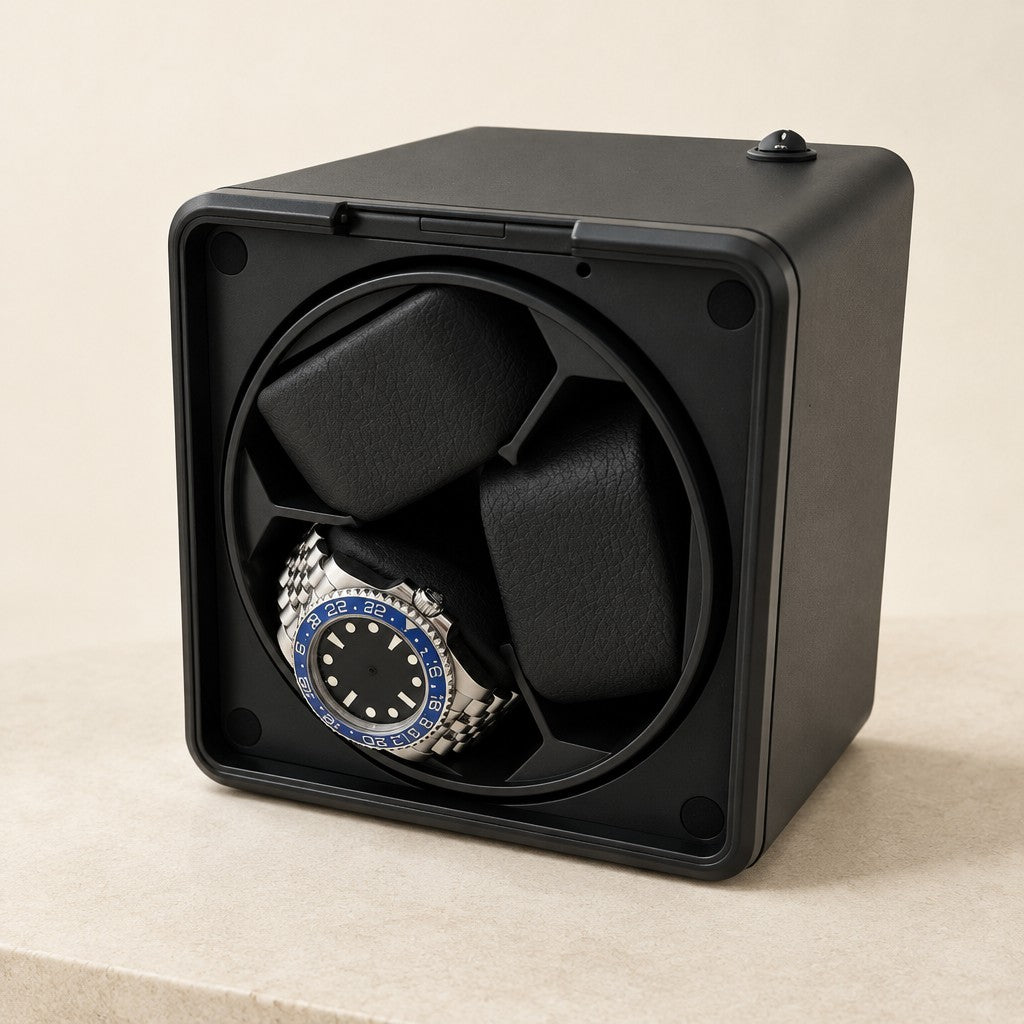 Open-front matte black 3-watch winder with one watch