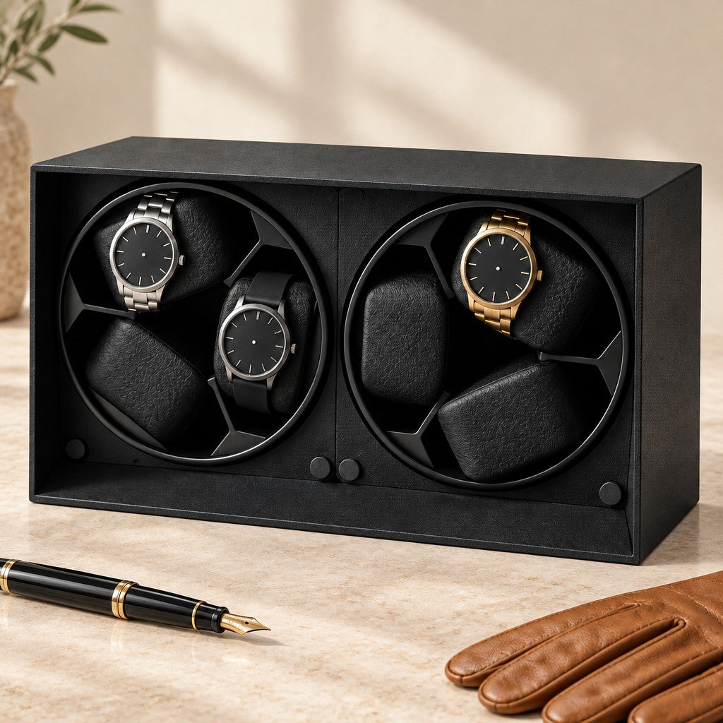 Open 6-watch winder beside a fountain pen and leather gloves