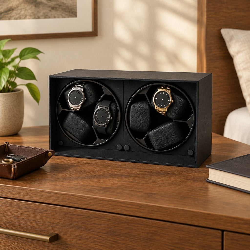 Open-front 6-watch winder on a wooden chest of drawers