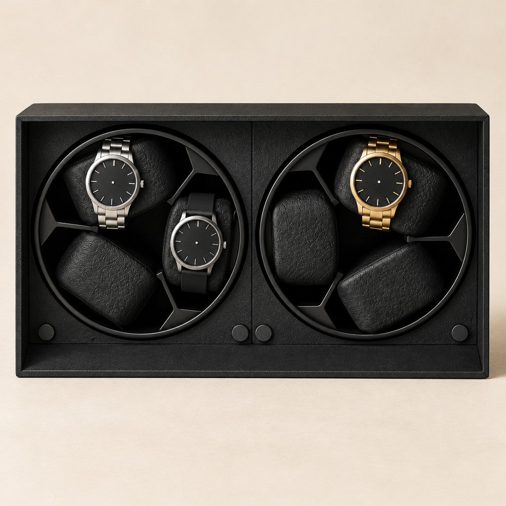 Front view of the open 6-watch winder