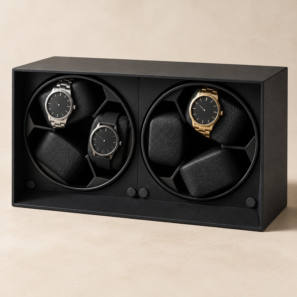 Open-front matte black 6-watch winder with three watches