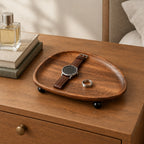 Solid wood catchall tray on a chest of drawers, for scale