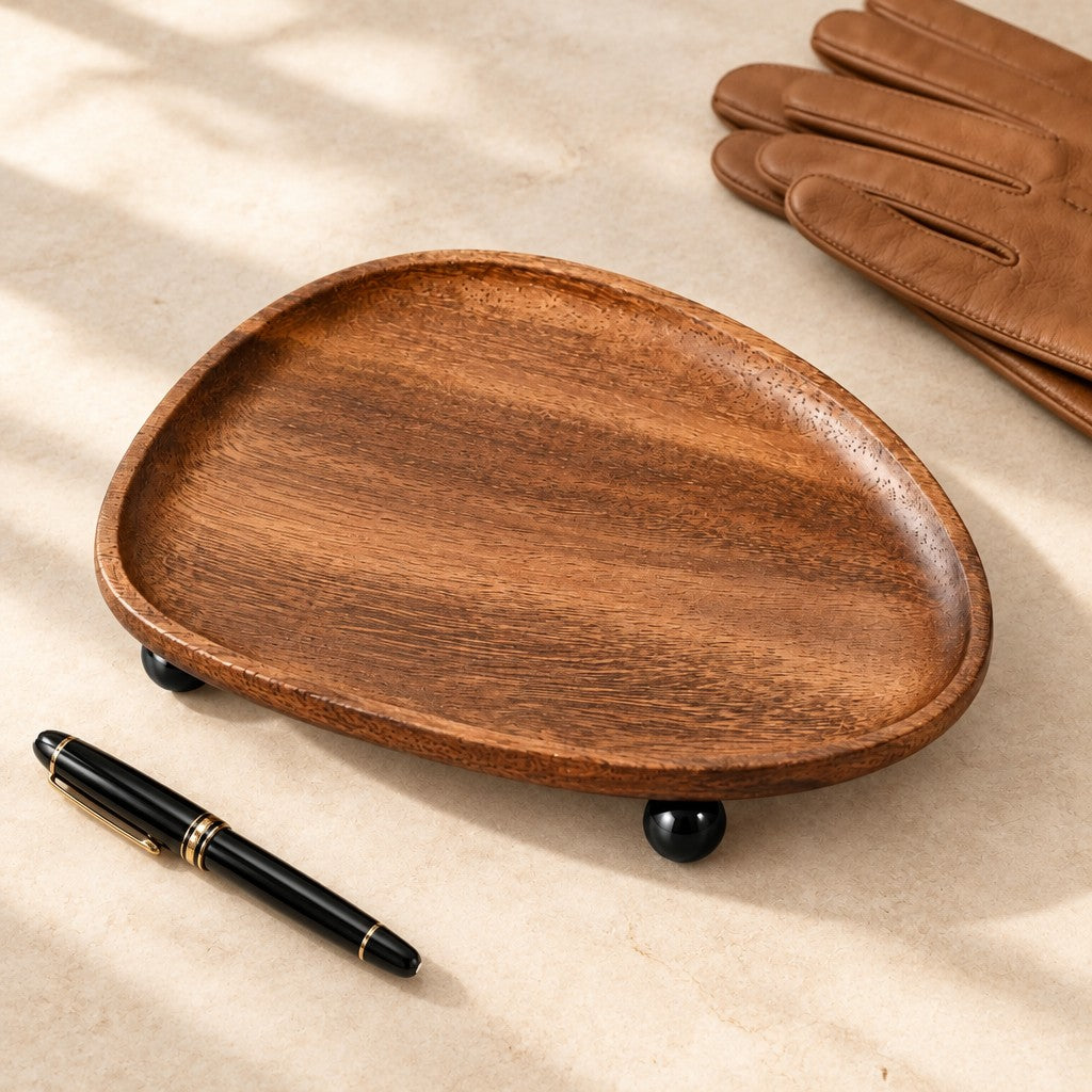 Empty solid wood catchall tray beside a fountain pen and leather gloves