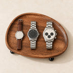 Top view of the solid wood tray with a 36 mm, a 42 mm and a 45 mm watch