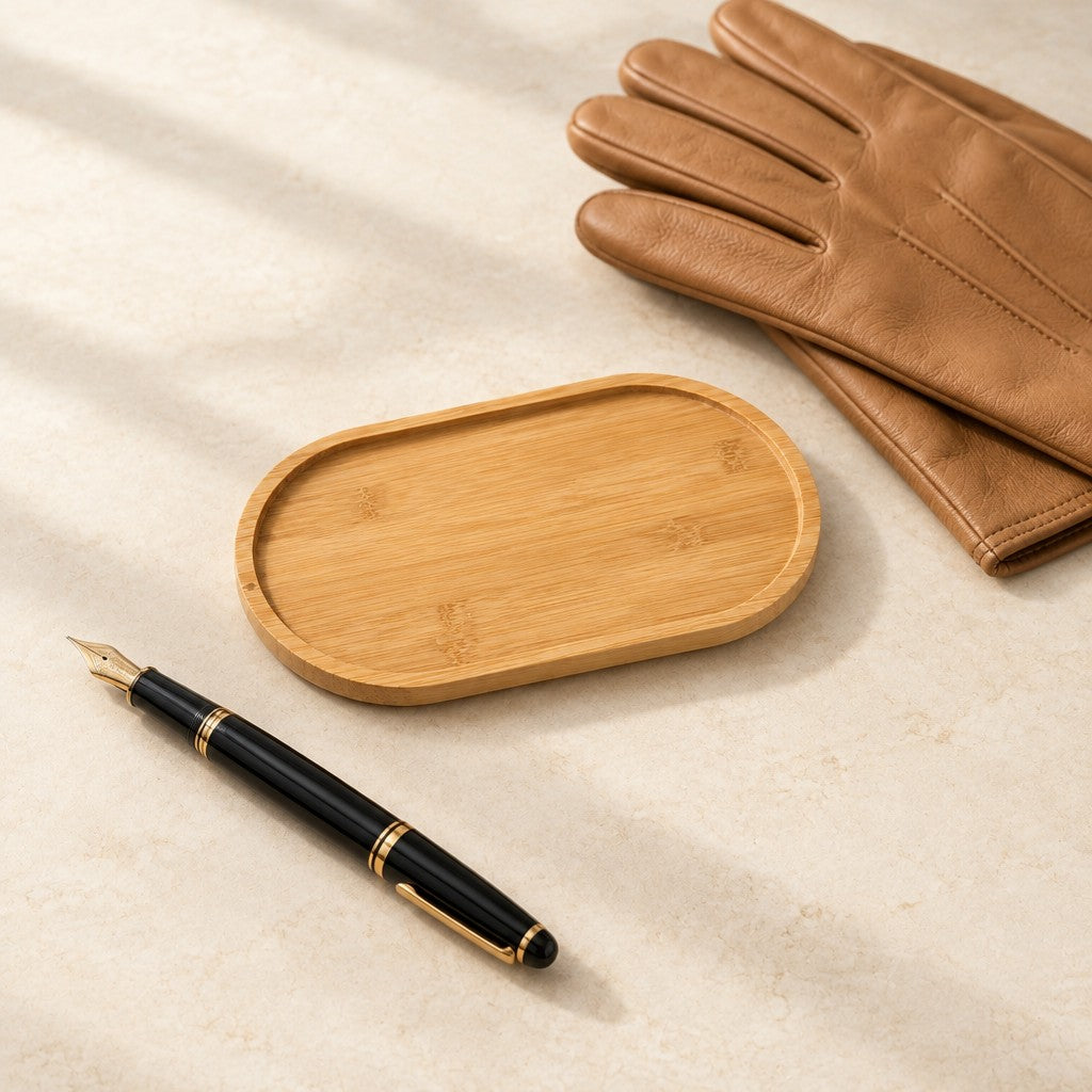 Empty oval bamboo tray beside a fountain pen and leather gloves
