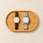 Top view of the bamboo tray with a 36 mm and a 40 mm watch