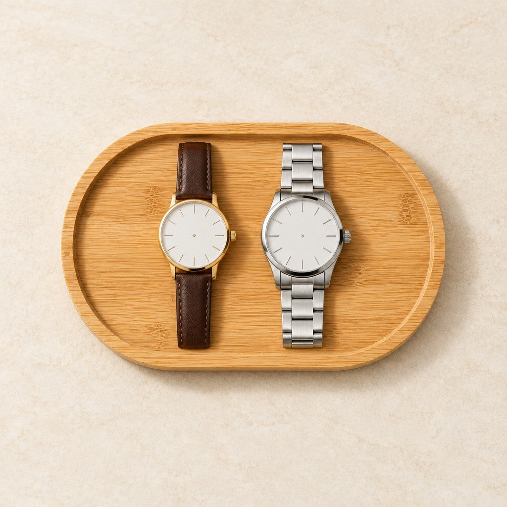Top view of the bamboo tray with a 36 mm and a 40 mm watch