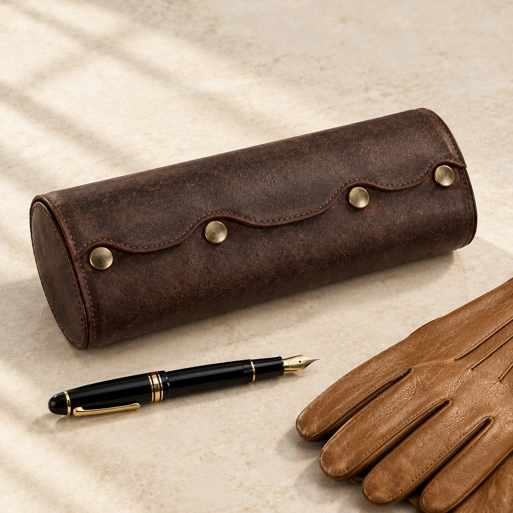 Oval leather watch roll closed, beside a fountain pen and leather gloves