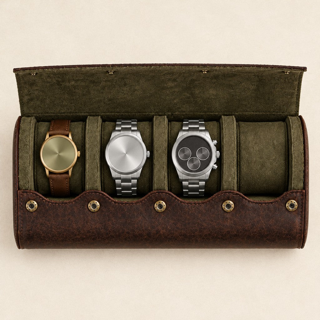 Top view of the 4-slot roll holding a 36 mm, a 42 mm and a 45 mm chronograph watch