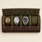 Top view of the 4-slot roll holding a 36 mm, a 42 mm and a 45 mm chronograph watch