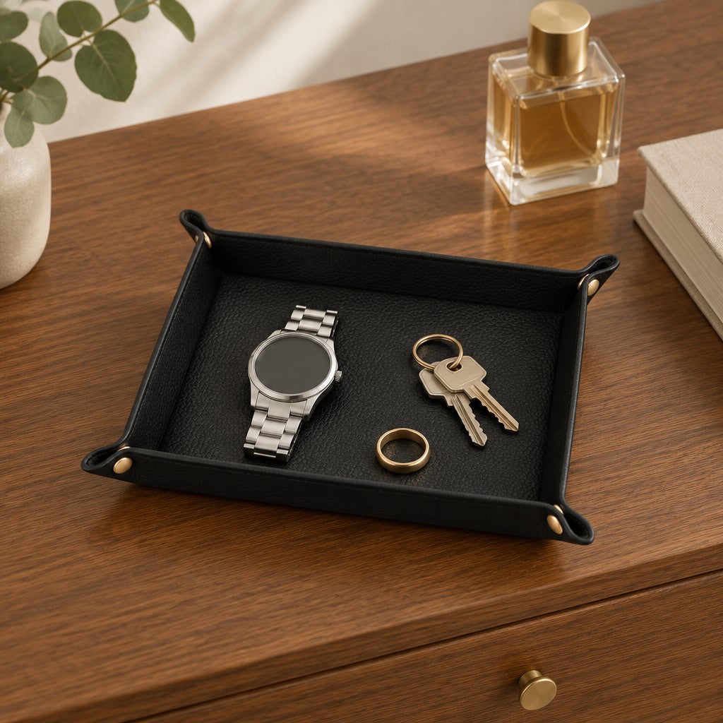 Pebbled leather valet tray on a chest of drawers, for scale