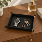 Pebbled leather valet tray on a chest of drawers, for scale