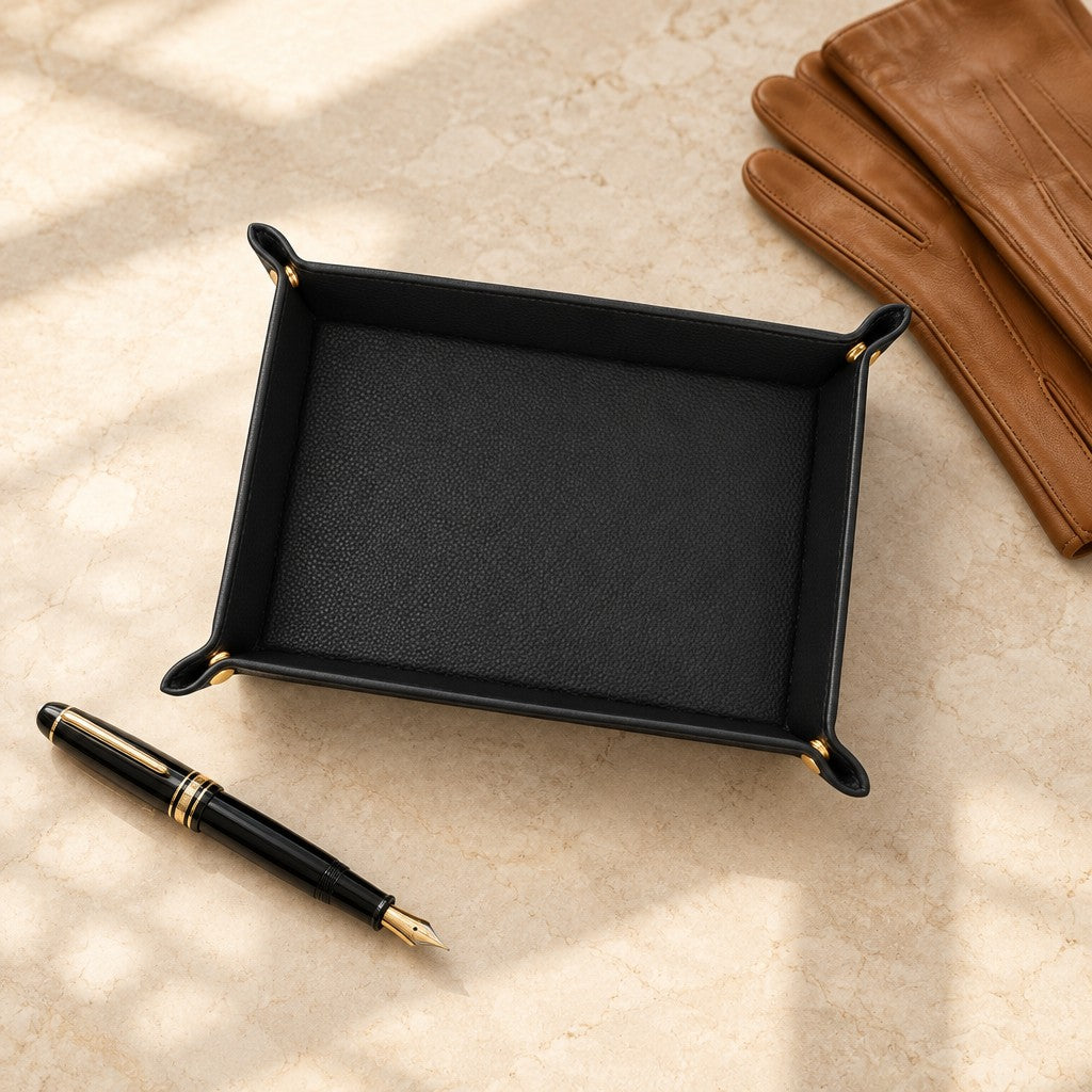Pebbled leather valet tray beside a fountain pen and leather gloves