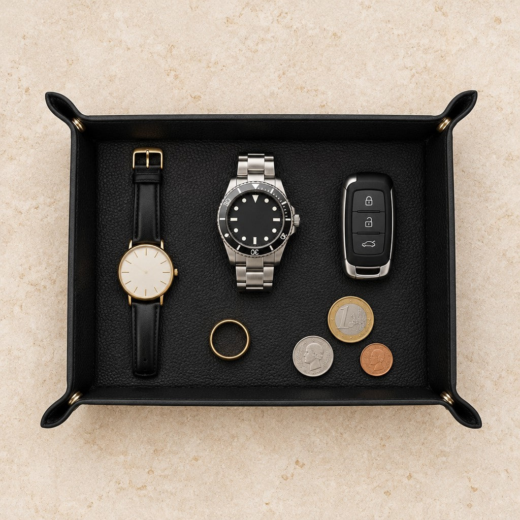 Pebbled leather valet tray with watches of different sizes