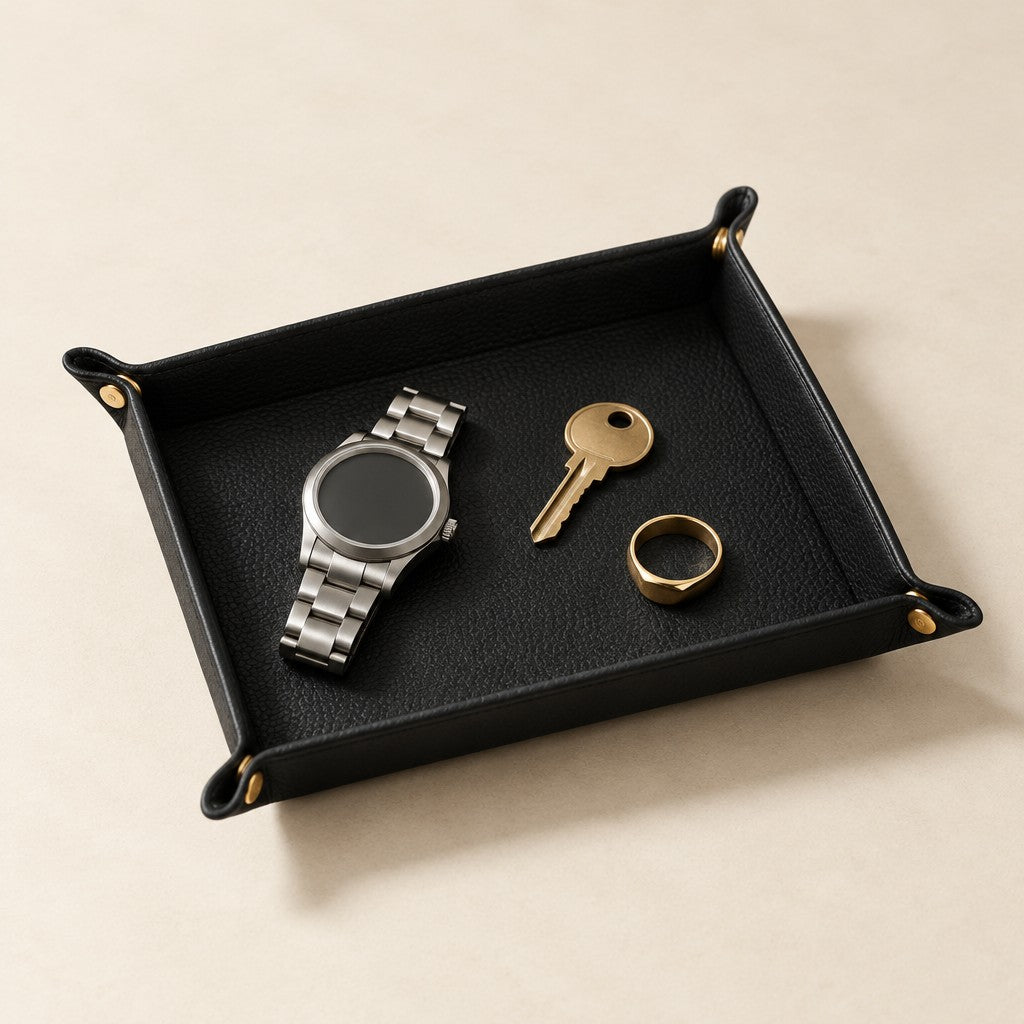 Pebbled leather valet tray with a watch, three-quarter view