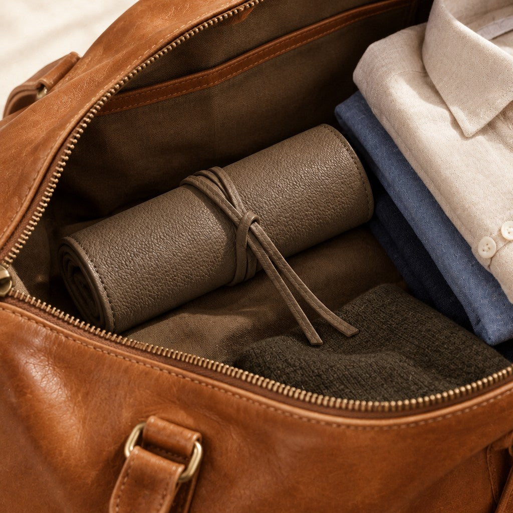 Khaki leather watch roll packed in a leather weekender bag