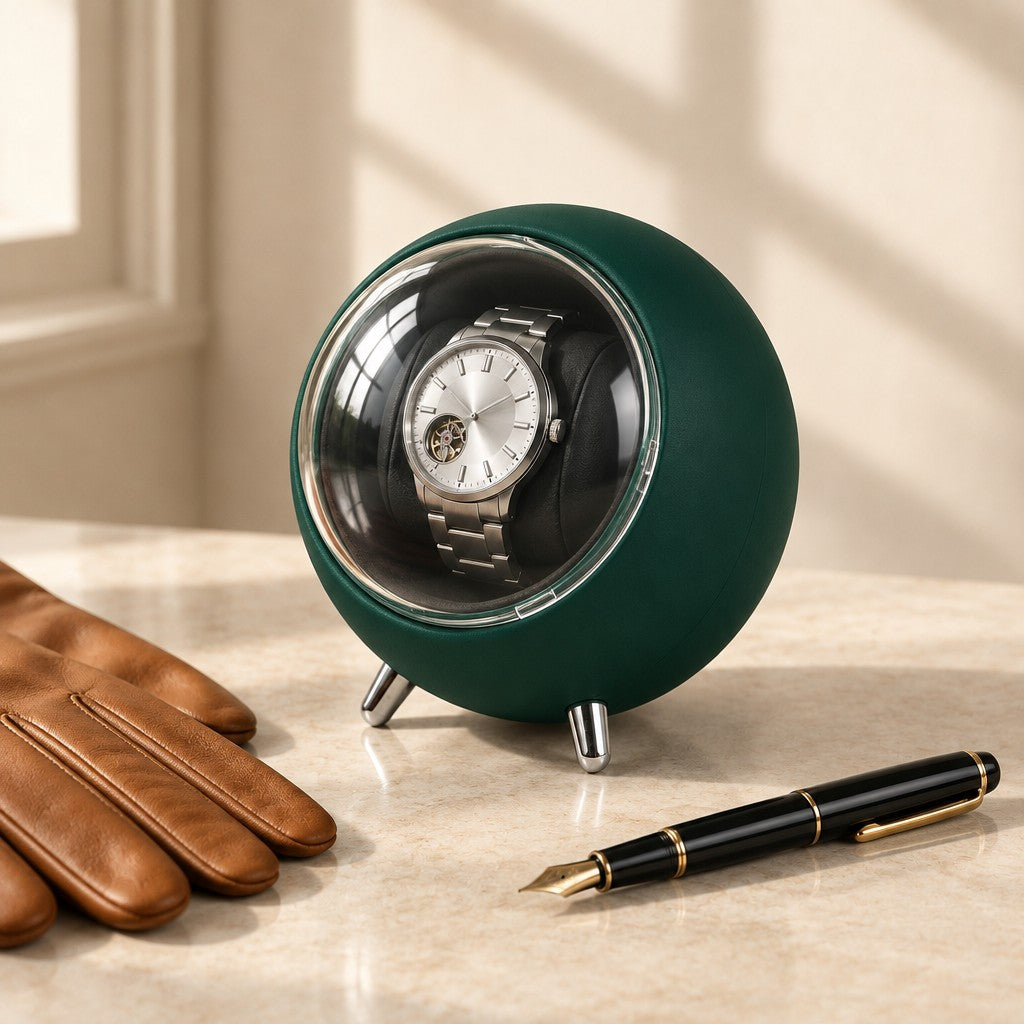 Green round watch winder closed, beside a fountain pen and leather gloves