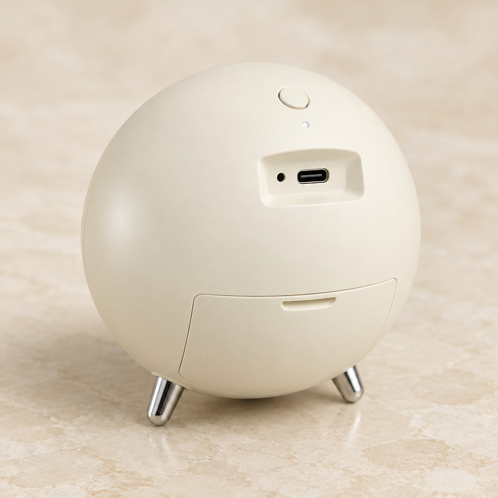 Back of the round winder with the mode button, the USB-C port and the battery cover